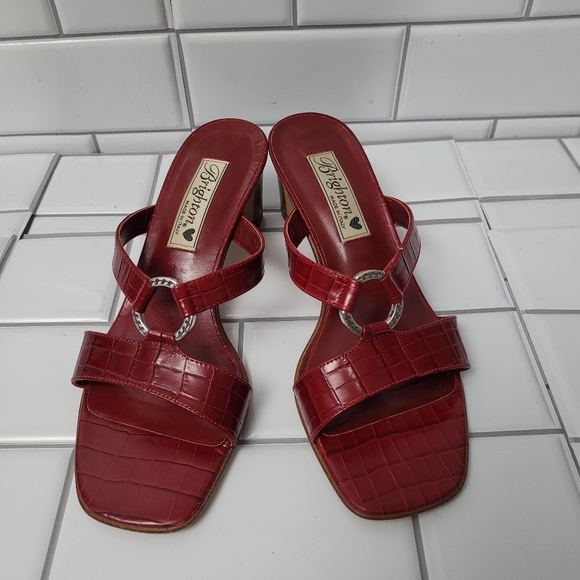 Brighton Shoes - BRIGHTON TERRY Women’s Red Faux Croc Print Square Toe Sandals Slides  2inHeelSi